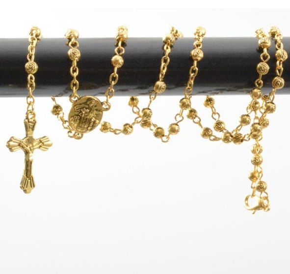 Pocket Rosary Rose Bead Necklace comes with a Case Cross of Jesus Gold Silver Chain Virgin Mary Pendant Jesus - Tree of Life