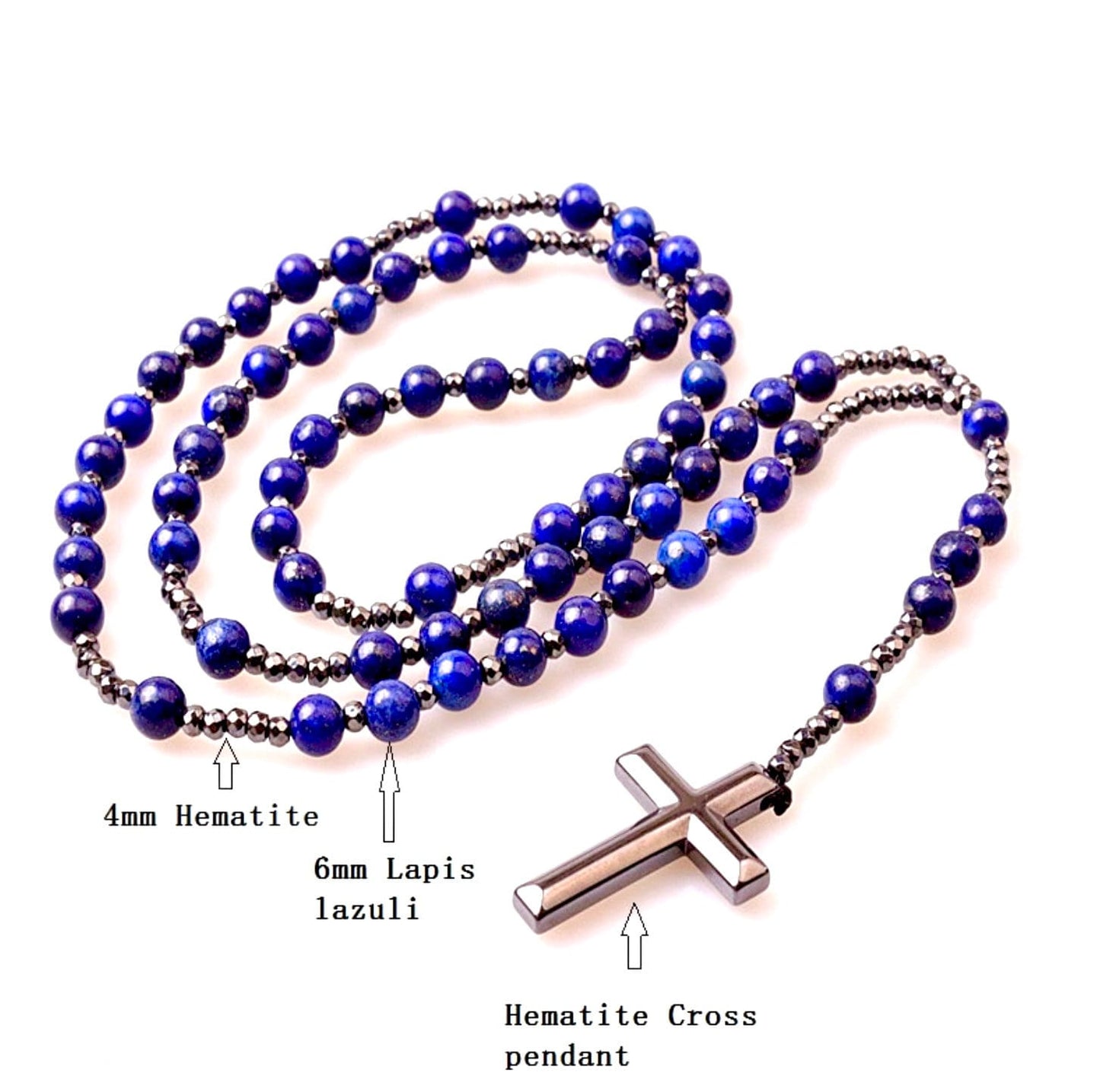 Tiger Eye and Lapis Lazuli Rosary Beads Natural Stone Hematite Crucifix Catholic Prayer Beads Virgin Mary Pendant Jesus Women Necklace - Tree of Life
