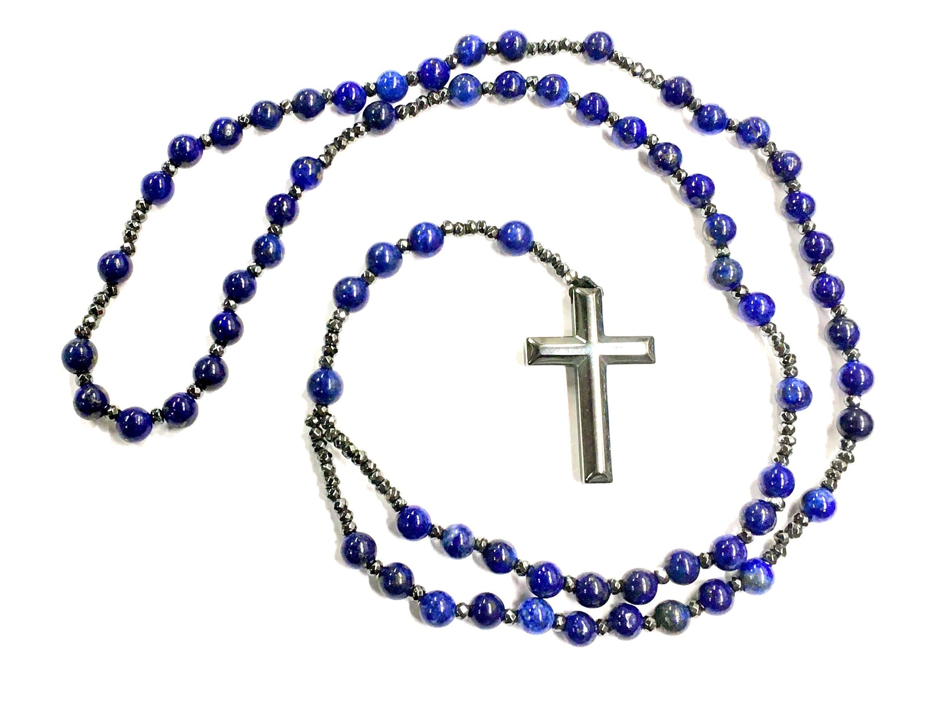 Tiger Eye and Lapis Lazuli Rosary Beads Natural Stone Hematite Crucifix Catholic Prayer Beads Virgin Mary Pendant Jesus Women Necklace - Tree of Life