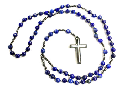 Tiger Eye and Lapis Lazuli Rosary Beads Natural Stone Hematite Crucifix Catholic Prayer Beads Virgin Mary Pendant Jesus Women Necklace - Tree of Life
