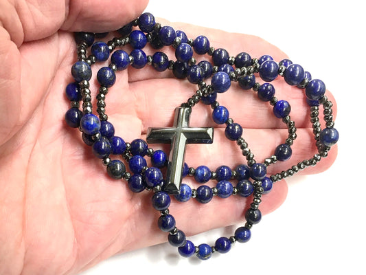Tiger Eye and Lapis Lazuli Rosary Beads Natural Stone Hematite Crucifix Catholic Prayer Beads Virgin Mary Pendant Jesus Women Necklace - Tree of Life
