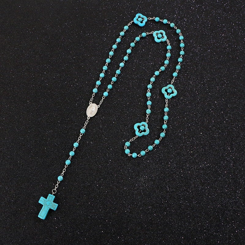 Rosary Natural Stone Crucifix Necklace Catholic 5 Decade Turquoise Prayer Beads Virgin Mary Pendant Orthodox Catholic Cross Round Beaded - Tree of Life