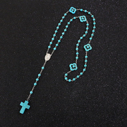 Rosary Natural Stone Crucifix Necklace Catholic 5 Decade Turquoise Prayer Beads Virgin Mary Pendant Orthodox Catholic Cross Round Beaded - Tree of Life