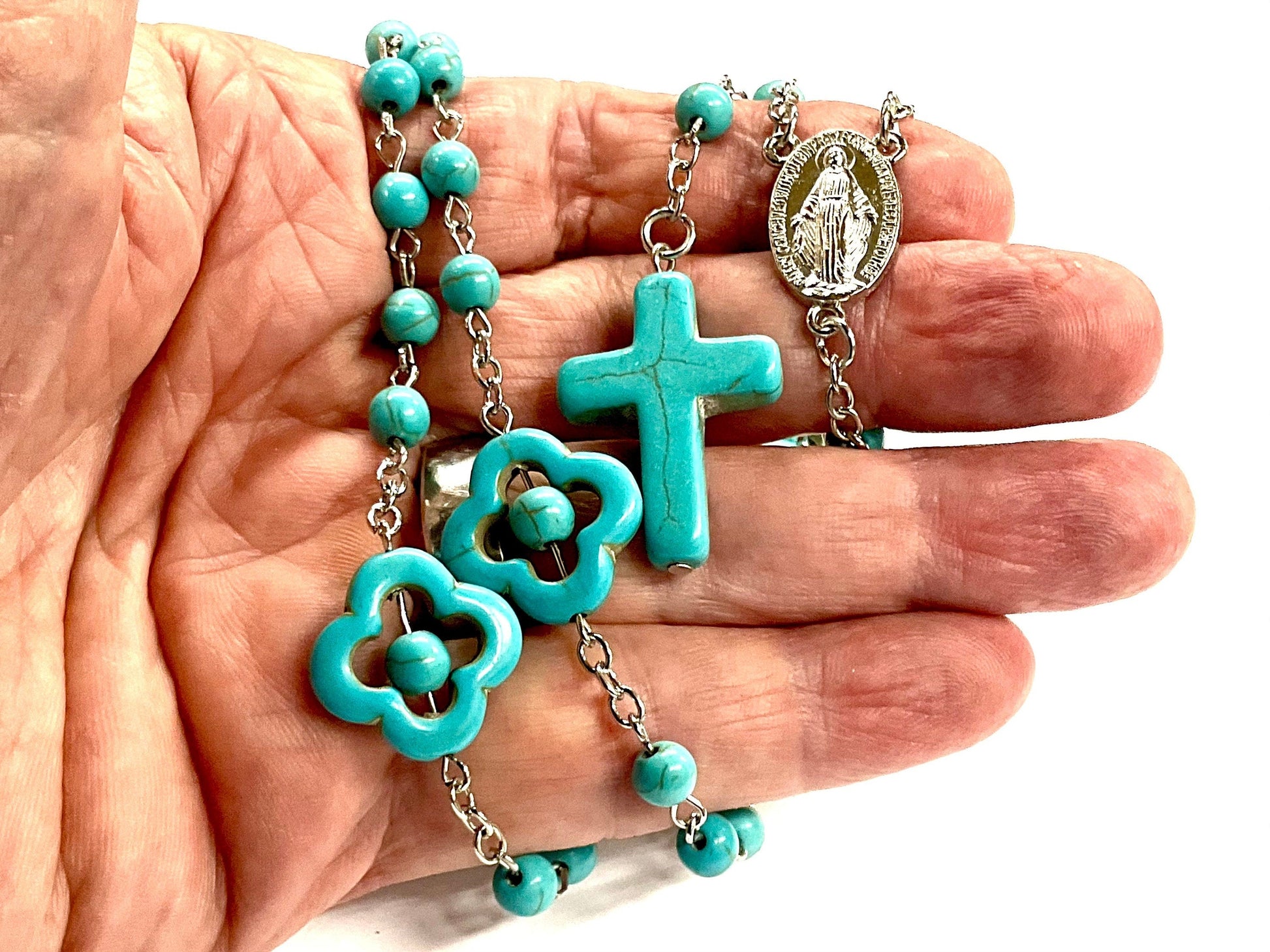 Rosary Natural Stone Crucifix Necklace Catholic 5 Decade Turquoise Prayer Beads Virgin Mary Pendant Orthodox Catholic Cross Round Beaded - Tree of Life