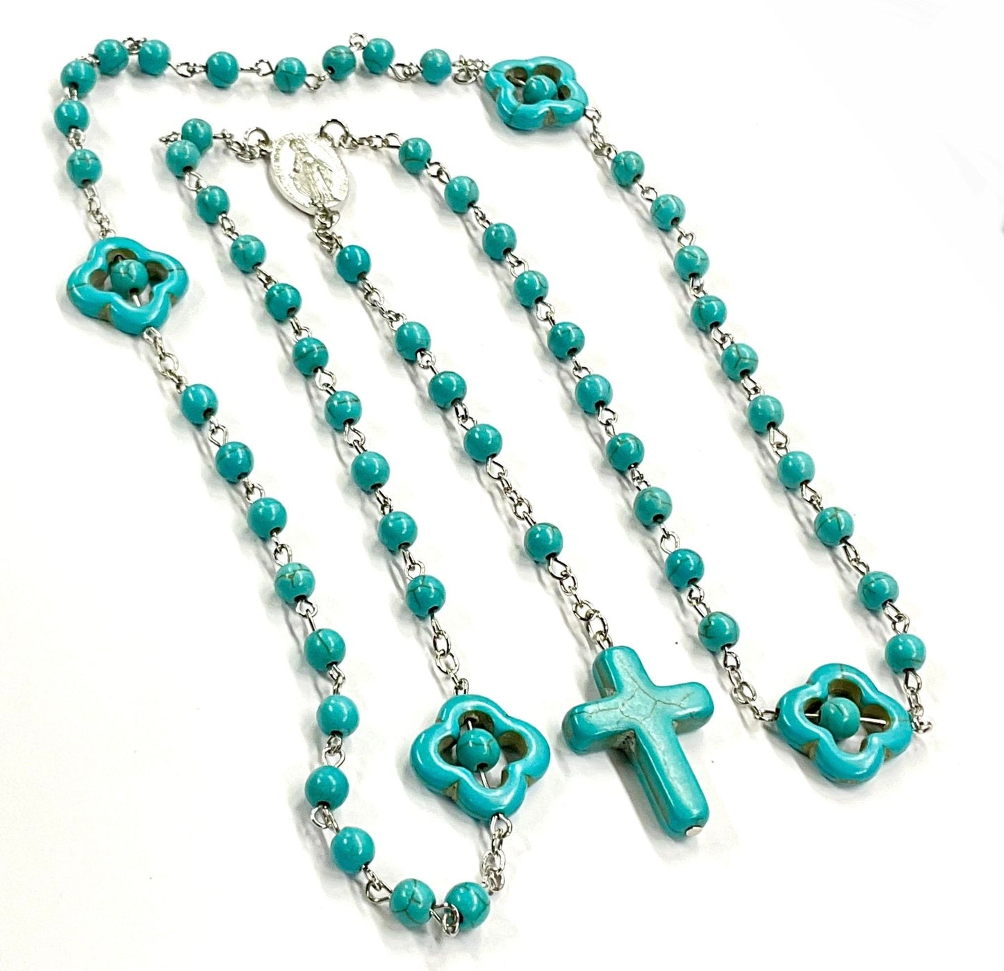 Rosary Natural Stone Crucifix Necklace Catholic 5 Decade Turquoise Prayer Beads Virgin Mary Pendant Orthodox Catholic Cross Round Beaded - Tree of Life