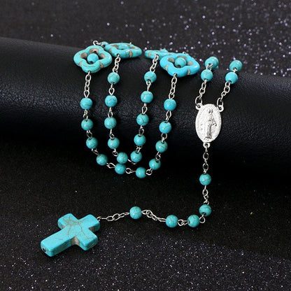 Rosary Natural Stone Crucifix Necklace Catholic 5 Decade Turquoise Prayer Beads Virgin Mary Pendant Orthodox Catholic Cross Round Beaded - Tree of Life