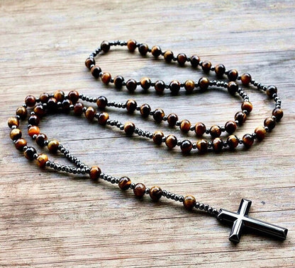 Tiger Eye and Lapis Lazuli Rosary Beads Natural Stone Hematite Crucifix Catholic Prayer Beads Virgin Mary Pendant Jesus Women Necklace - Tree of Life