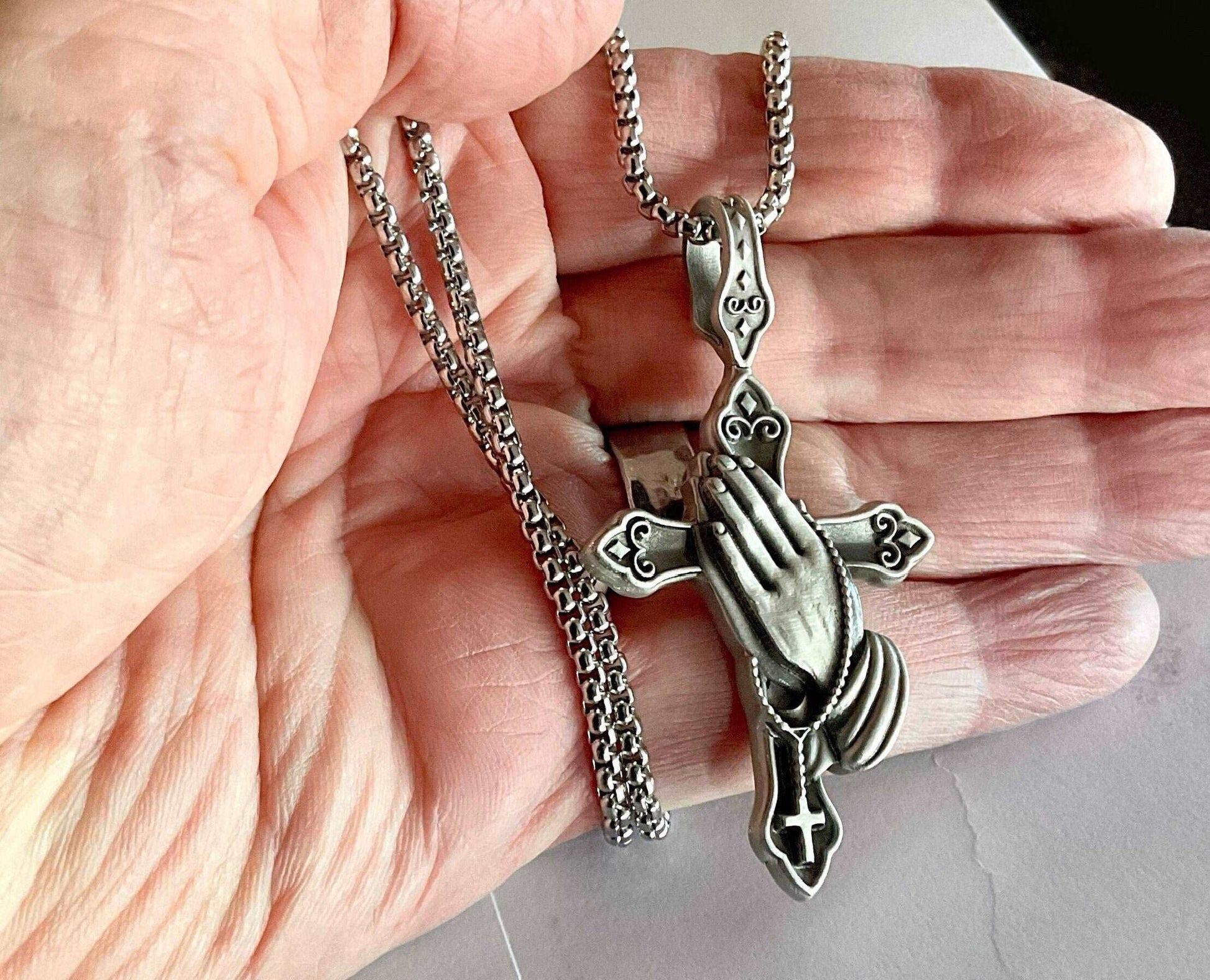 Gorgeous Full Size All Tin Praying Hands Cross Necklace Rosary Gothic Crucifix Jewelry Men Women Catholic Crucifix Christ Orthodox Jesus - Tree of Life