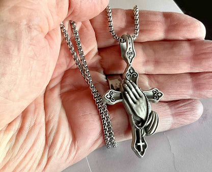 Gorgeous Full Size All Tin Praying Hands Cross Necklace Rosary Gothic Crucifix Jewelry Men Women Catholic Crucifix Christ Orthodox Jesus - Tree of Life