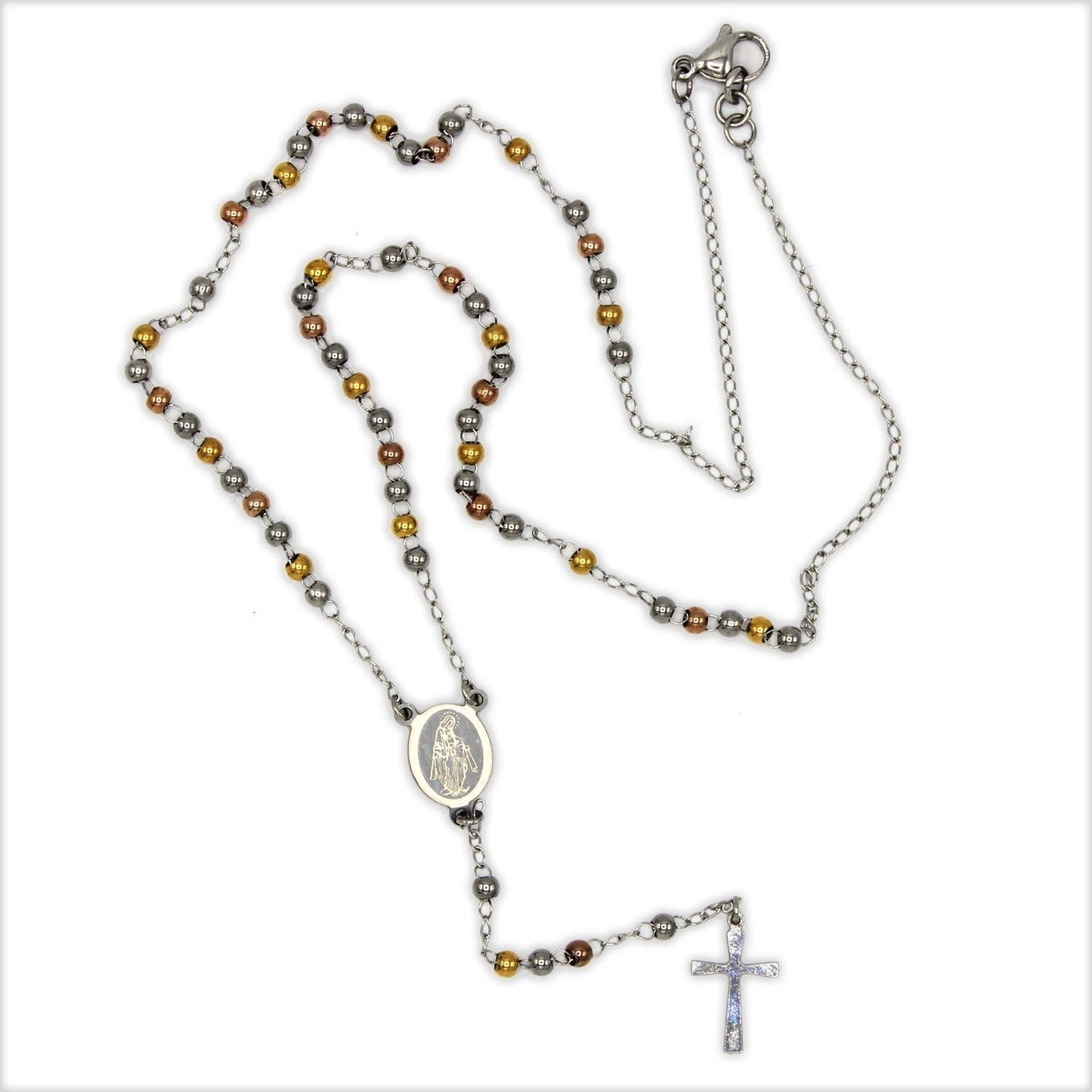 Traditional Tri Tone Rosary Necklace Five Decade Catholic Prayer Beads 3 mm - Tree of Life