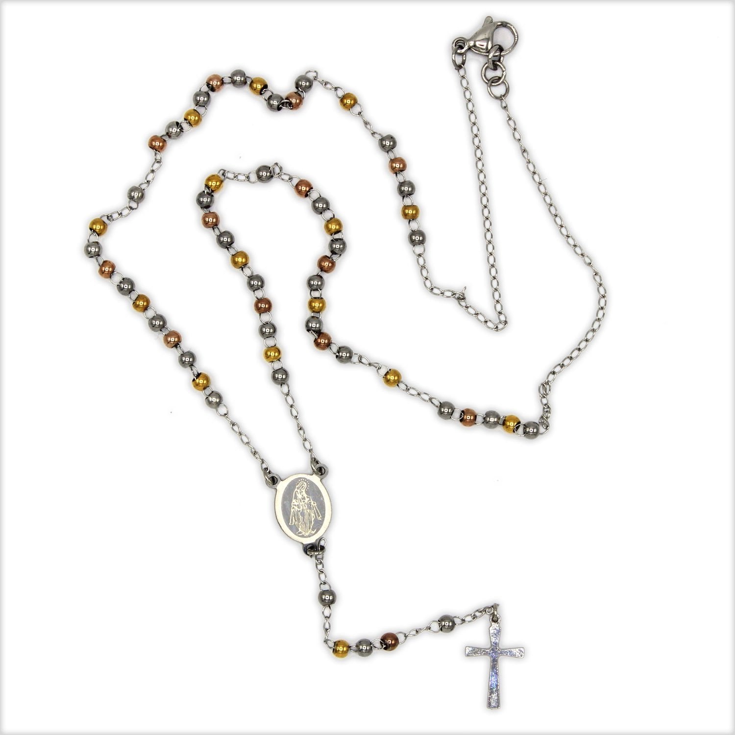 Traditional Tri Tone Rosary Necklace Five Decade Catholic Prayer Beads 3 mm - Tree of Life