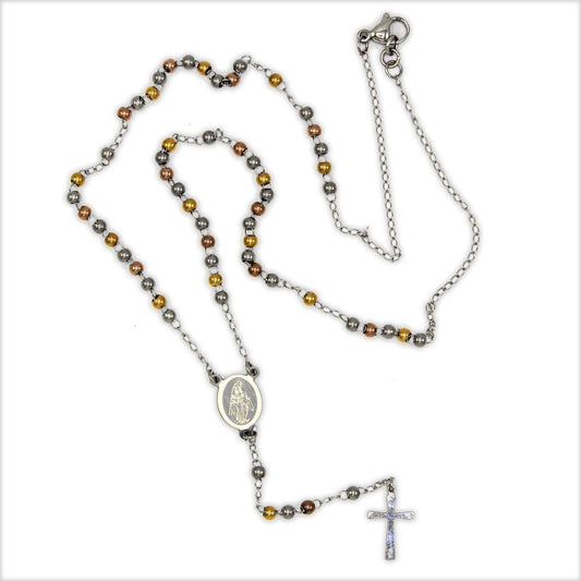 Traditional Tri Tone Rosary Necklace Five Decade Catholic Prayer Beads 3 mm - Tree of Life