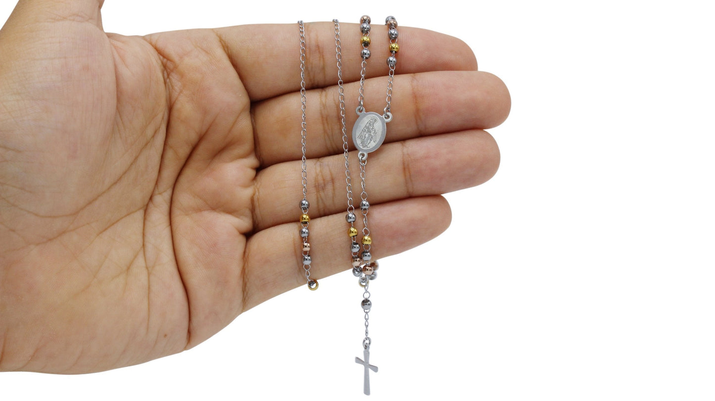 Traditional Tri Tone Rosary Necklace Five Decade Catholic Prayer Beads 3 mm - Tree of Life