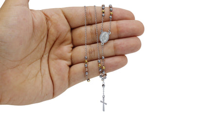 Traditional Tri Tone Rosary Necklace Five Decade Catholic Prayer Beads 3 mm - Tree of Life