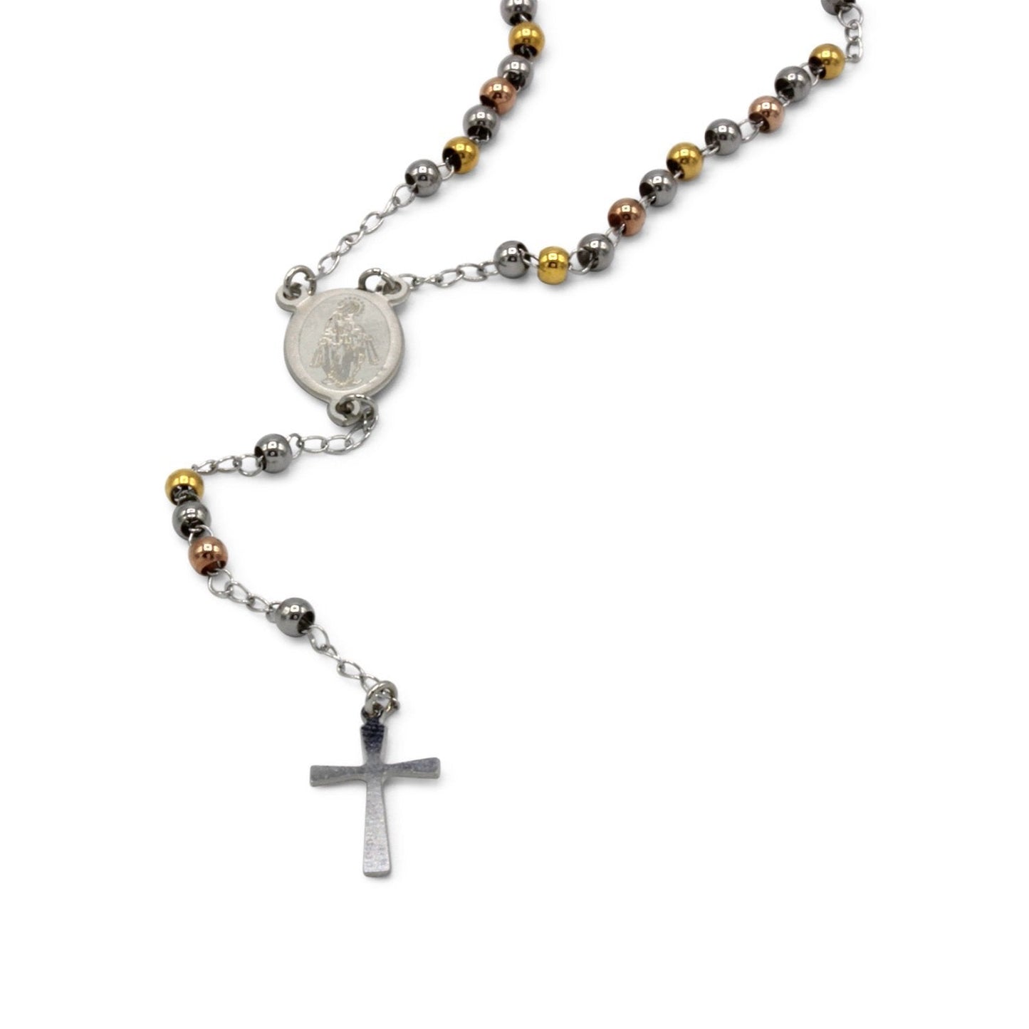 Traditional Tri Tone Rosary Necklace Five Decade Catholic Prayer Beads 3 mm - Tree of Life