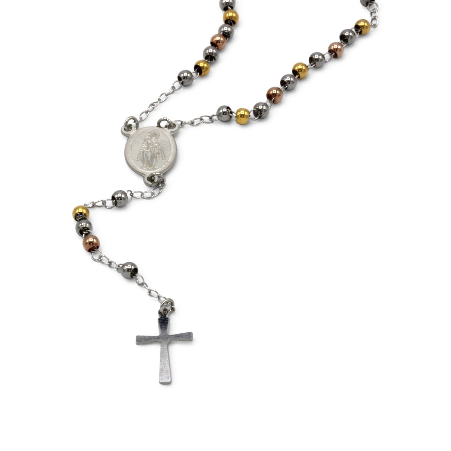 Traditional Tri Tone Rosary Necklace Five Decade Catholic Prayer Beads 3 mm - Tree of Life