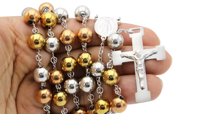 Traditional Tri Tone Rosary Necklace Five Decade Catholic Prayer Beads 10 mm - Tree of Life