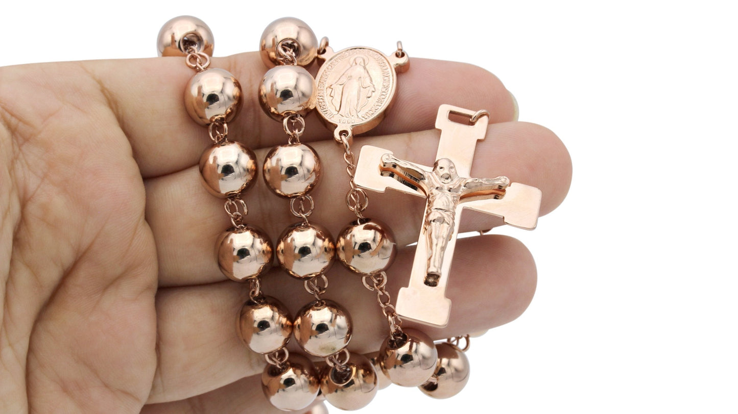 Traditional Rose Gold Rosary Necklace Five Decade Catholic Prayer Beads 10mm - Tree of Life