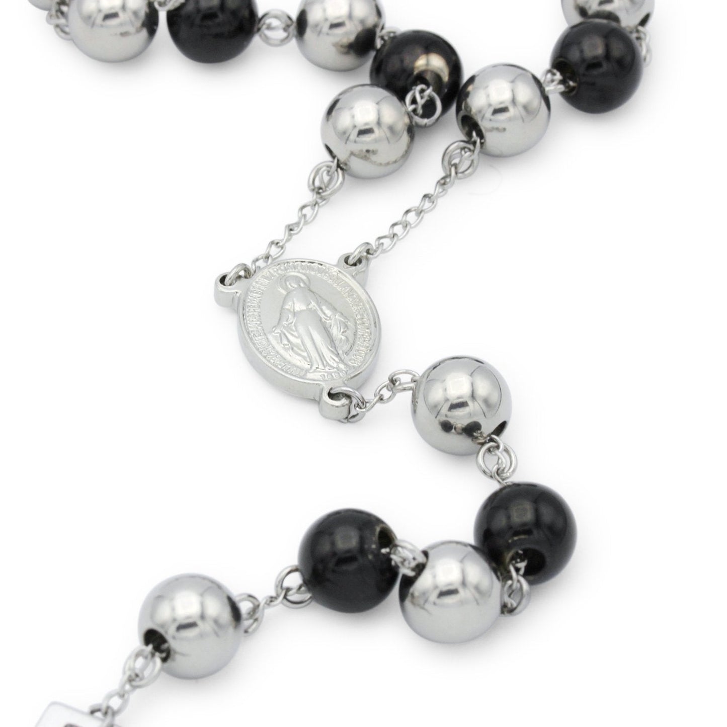 Traditional Rosary Necklace Five Decade Silver Black Catholic Prayer Beads 10 mm - Tree of Life