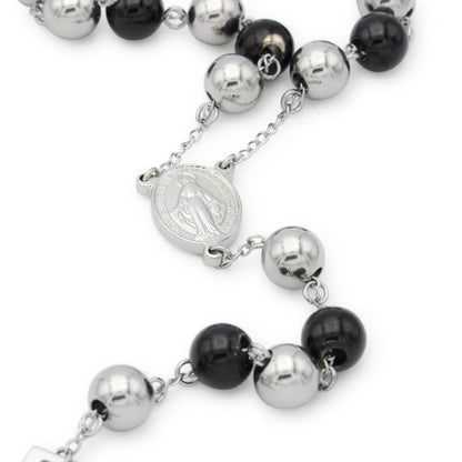 Traditional Rosary Necklace Five Decade Silver Black Catholic Prayer Beads 10 mm - Tree of Life
