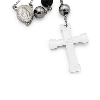 Traditional Rosary Necklace Five Decade Silver Black Catholic Prayer Beads 10 mm - Tree of Life