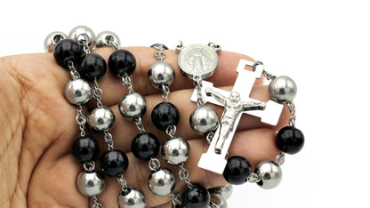 Traditional Rosary Necklace Five Decade Silver Black Catholic Prayer Beads 10 mm - Tree of Life