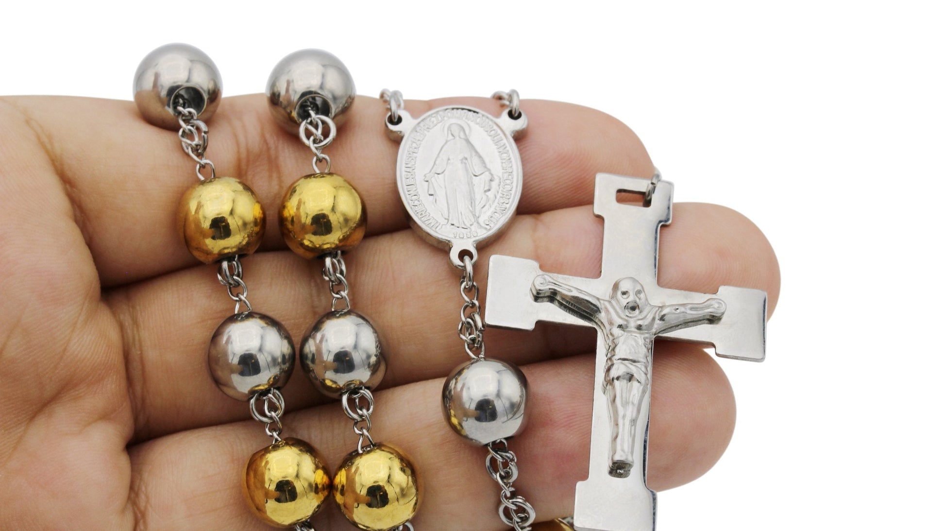Traditional Rosary Necklace Five Decade Silver Gold Catholic Prayer Beads 10 mm - Tree of Life