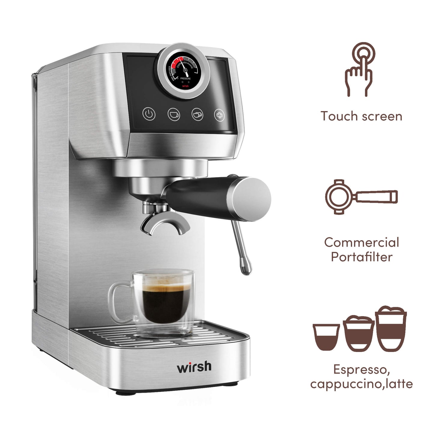 Wirsh 20 Bar Espresso Machine with Plastic Free Portafilter and Steamer, Pressure Gauge, Touch Screen, Full Stainless Steel (Home Barista Plus) - Tree of Life