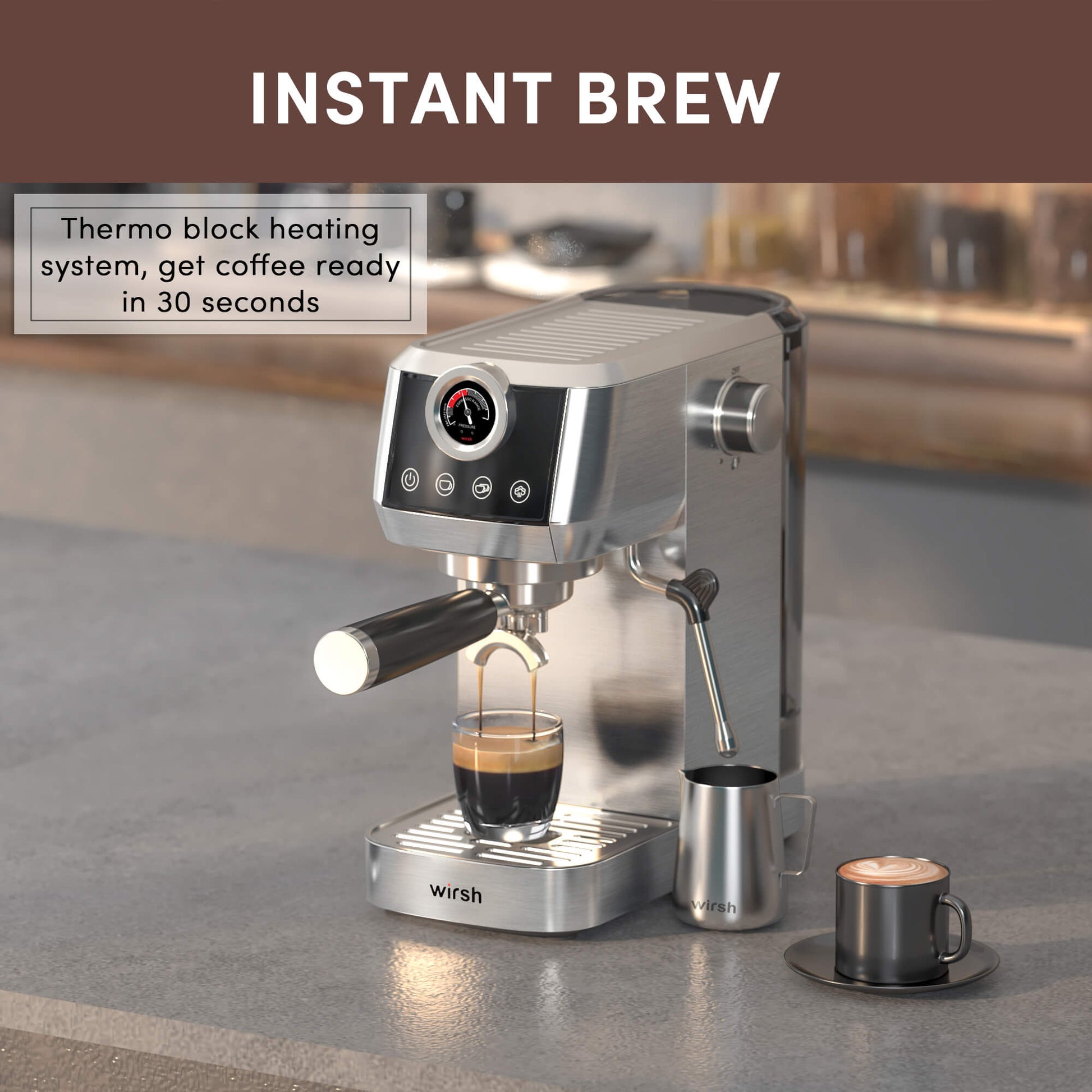 Wirsh 20 Bar Espresso Machine with Plastic Free Portafilter and Steamer, Pressure Gauge, Touch Screen, Full Stainless Steel (Home Barista Plus) - Tree of Life