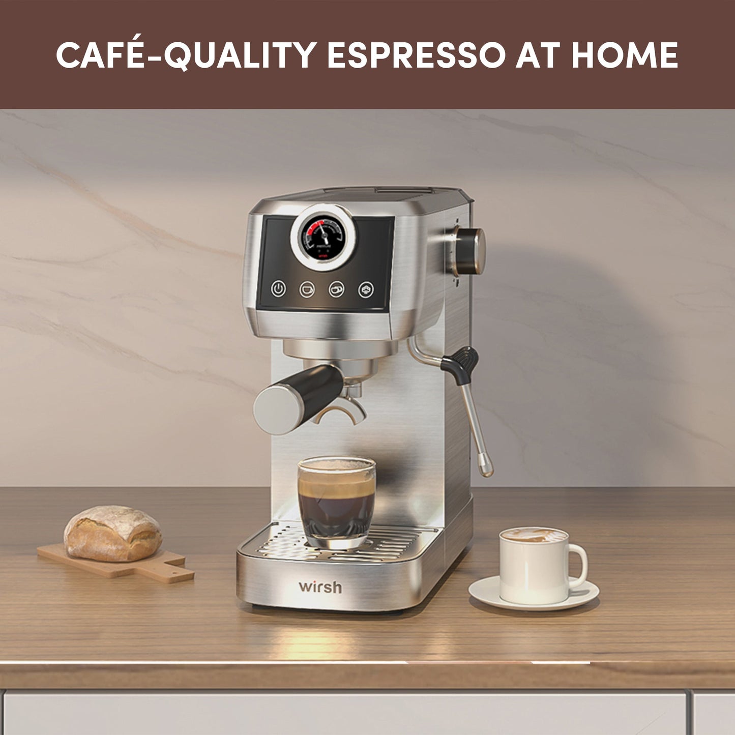 Wirsh 20 Bar Espresso Machine with Plastic Free Portafilter and Steamer, Pressure Gauge, Touch Screen, Full Stainless Steel (Home Barista Plus) - Tree of Life