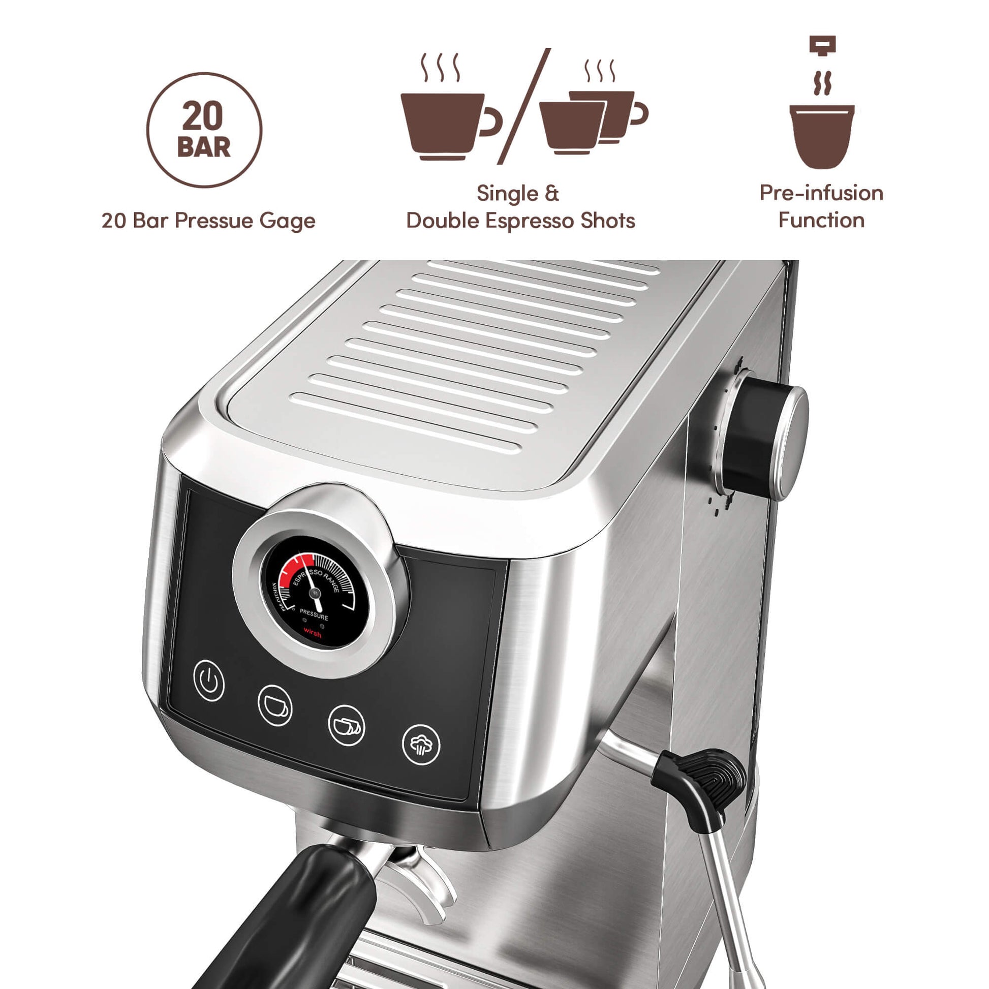 Wirsh 20 Bar Espresso Machine with Plastic Free Portafilter and Steamer, Pressure Gauge, Touch Screen, Full Stainless Steel (Home Barista Plus) - Tree of Life