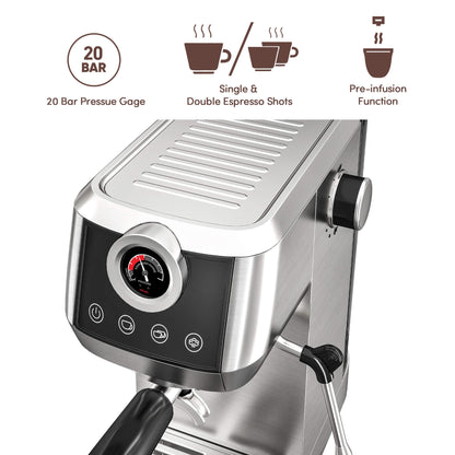 Wirsh 20 Bar Espresso Machine with Plastic Free Portafilter and Steamer, Pressure Gauge, Touch Screen, Full Stainless Steel (Home Barista Plus) - Tree of Life