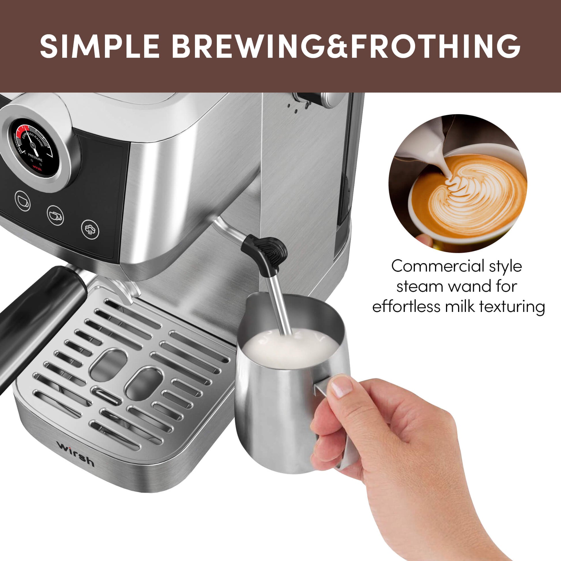 Wirsh 20 Bar Espresso Machine with Plastic Free Portafilter and Steamer, Pressure Gauge, Touch Screen, Full Stainless Steel (Home Barista Plus) - Tree of Life